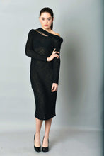 Load image into Gallery viewer, Asymmetric Midi Open Shoulder Knit Pencil Dress
