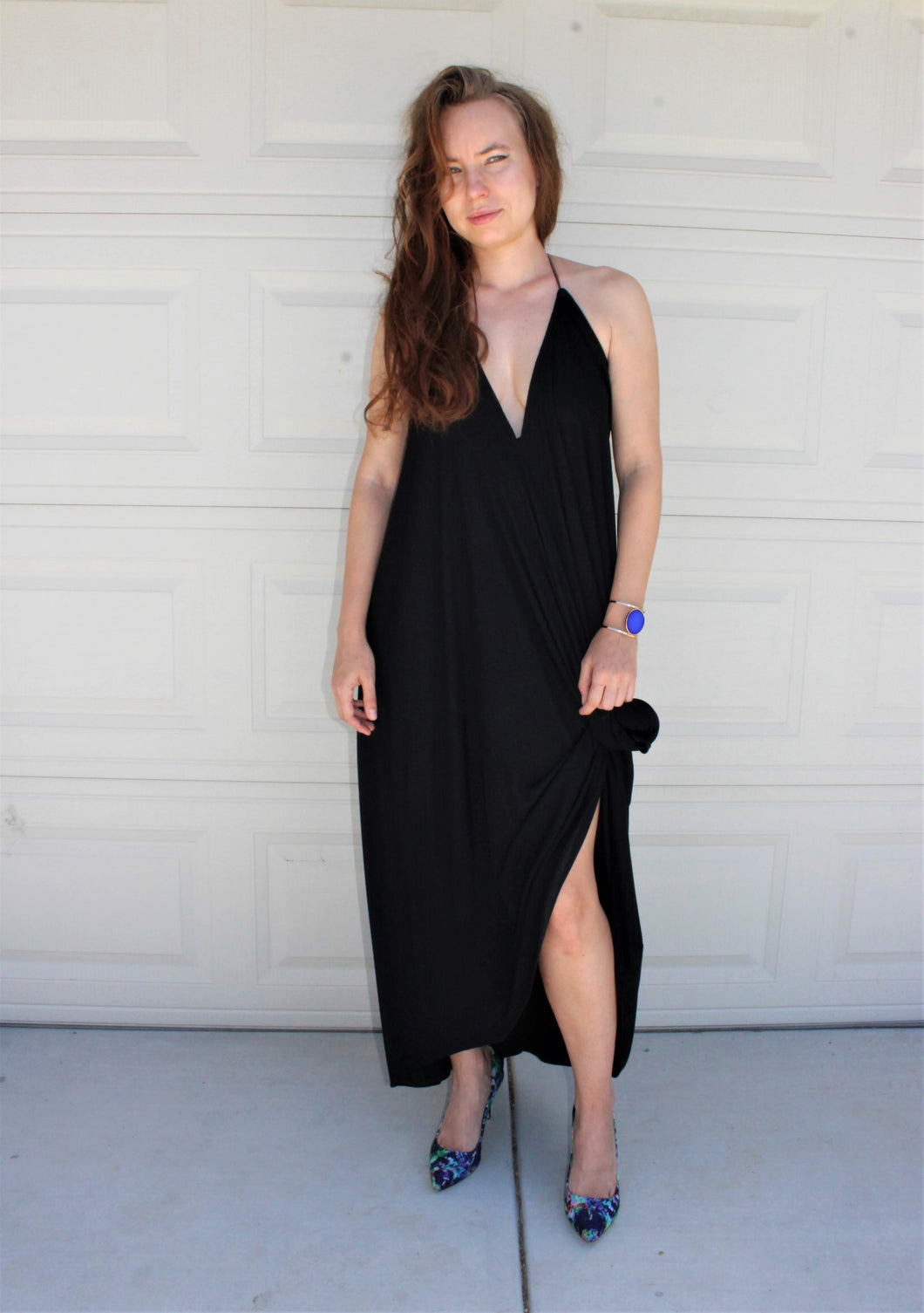 Plunging Halter Hi-Low Maxi Dress