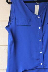 Button Up Blue High-Low Top