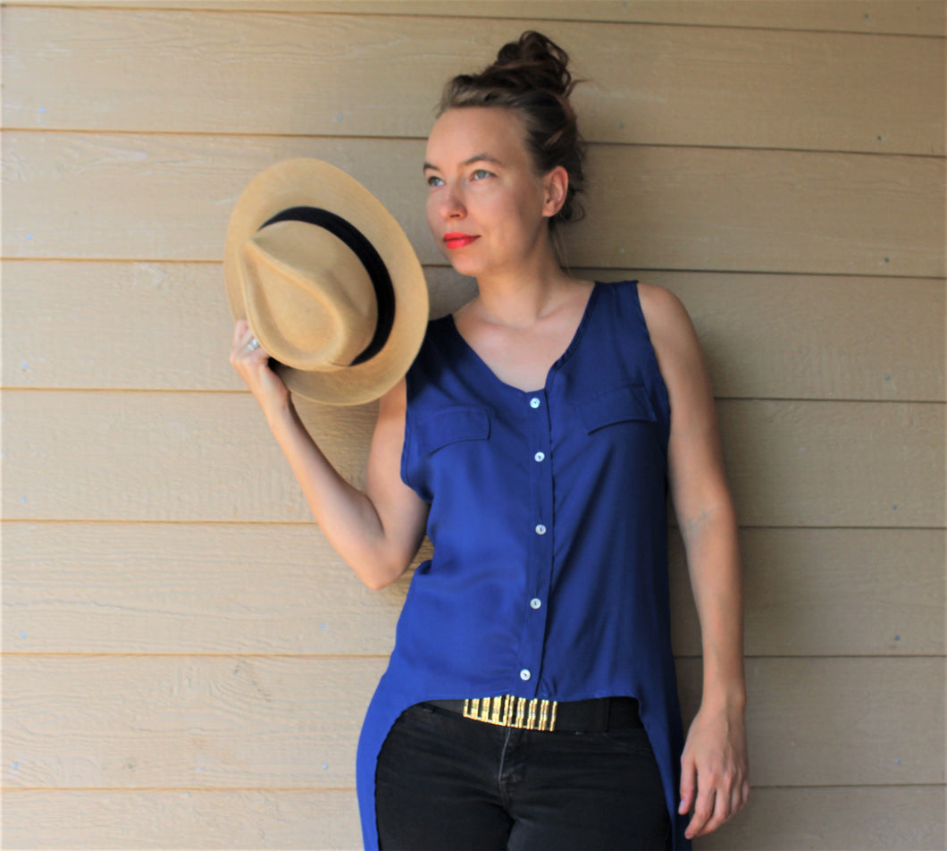 Button Up Blue High-Low Top
